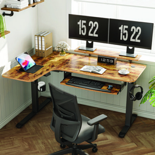 Eureka L-Shaped Standing Desk with Keyboard Tray, Right Desk, 61.25" x 43.25" x 34.38" to 52.88", Rustic Brown/Black (L61LRB)