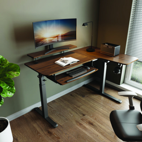 Eureka L-Shaped Standing Desk with Keyboard Tray, Right Desk, 61.25" x 43.25" x 34.38" to 52.88", Walnut/Black (L60RWN)