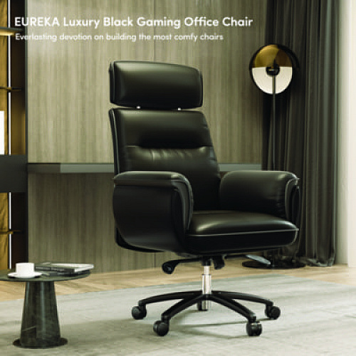 Eureka Royal Executive Office Chair, Support up to 300 lb, 19.46"-22.26" Seat Height, Black PU Leather Seat, Black Faux Leather Back (OC003B)