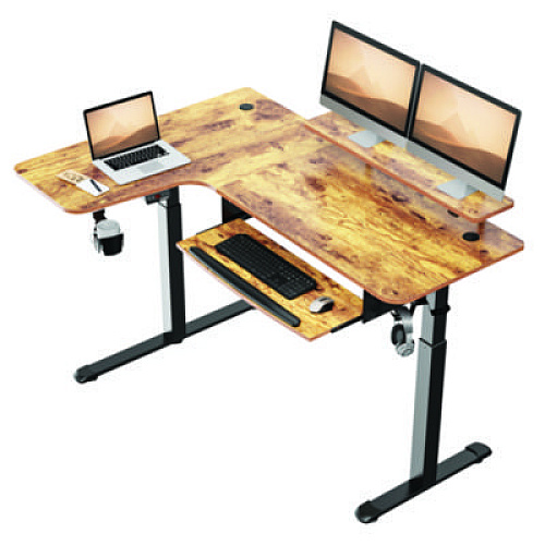 Eureka L-Shaped Standing Desk with Keyboard Tray, Right Desk, 61.25" x 43.25" x 34.38" to 52.88", Rustic Brown/Black (L61LRB)