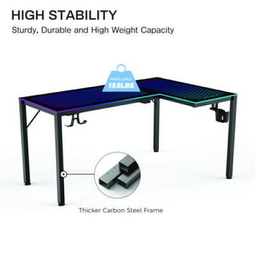 Eureka RGB LED Lights Glass Gaming Desk, 60" x 40.25" x 30", Black (L60RB)