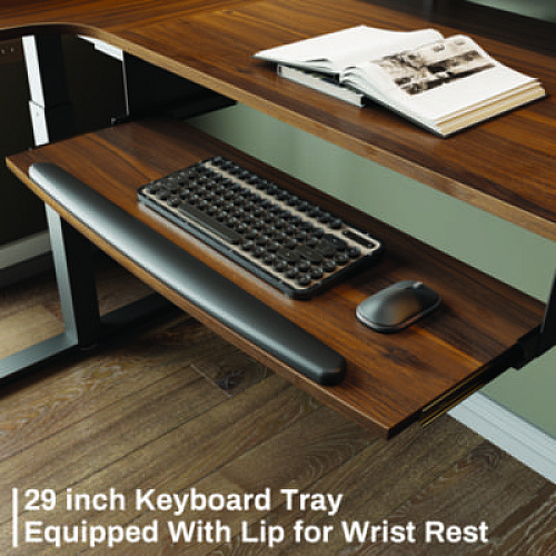 Eureka L-Shaped Standing Desk with Keyboard Tray, Left Desk, 61.25" x 43.25" x 34.38" to 52.88", Walnut/Black (L60LWN)