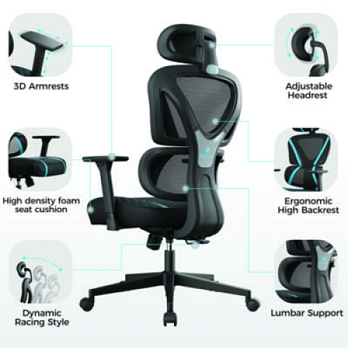 Eureka Norn Ergonomic Chair, Supports Up to 275 lb, 18.11" to 22.04" Seat Height, Black/Blue Mesh Seat/Back, Black Base (GC06BU)