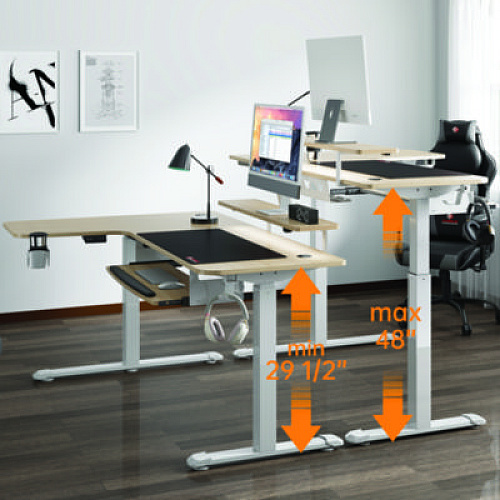 Eureka L-Shaped Standing Desk with Keyboard Tray, Right Desk, 61.25" x 43.25" x 34.38" to 52.88", Maple White/White (L60RMW)