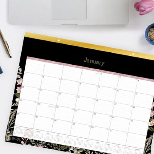 Blue Sky Neveah Monthly Desk Pad Calendar, Floral Artwork, 22" x 17", White/Black/Pink Sheets, Gold Headband, 12-Month (Jan-Dec): 2026 (148629)