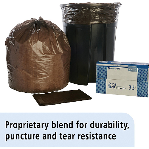 AbilityOne 8105011839769, SKILCRAFT Maximum Performance Trash Can Liner, 33 gal, 1.22 mil, 33" x 39", Brown, 125/Box