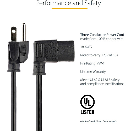 StarTech 6ft Power Cord, Nema 5-15p To Angled C13 (PXT101L)