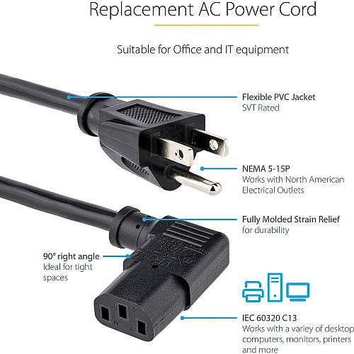 StarTech 6ft Power Cord, Nema 5-15p To Angled C13 (PXT101L)