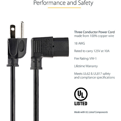 StarTech 6ft Power Cord, Nema 5-15p To Angled C13 (PXT101L)