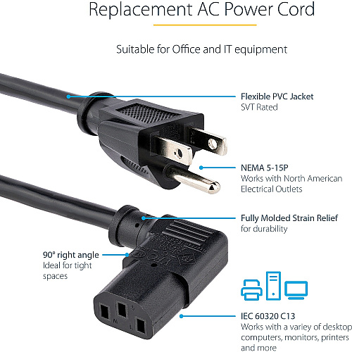 StarTech 6ft Power Cord, Nema 5-15p To Angled C13 (PXT101L)