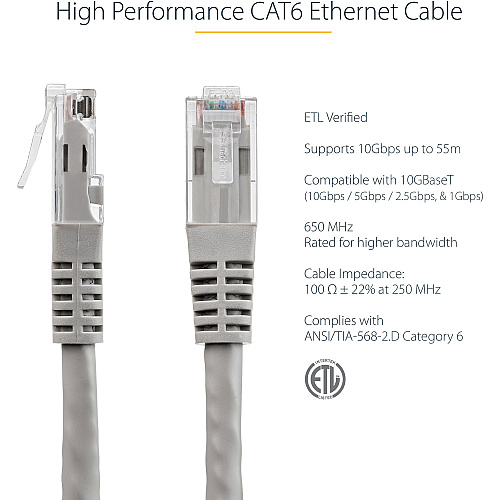 StarTech 50ft Cat6 Ethernet Cable Gray Cat 6 Poe (C6PATCH50GR)