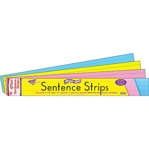 TREND Wipe-Off Sentence Strips, 24 x 3, Blue; Pink; Yellow, 30/Pack (T4002)