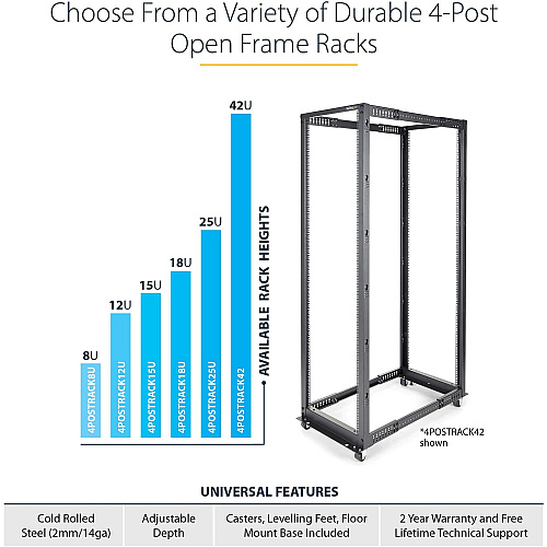 StarTech 42u 19in Open Frame Server Rack 22-40in (4POSTRACK42)