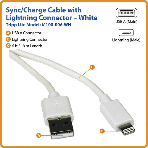 Tripp Lite 6ft Usb Lightning Charge Cable White 2m (M100006WH)