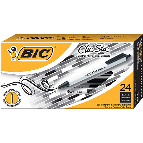 BIC Clic Stic Fashion Retractable Ball Point Pen, Black, 24 Pack 1 mm Pen Point - Retractable - Black Ink - 24 / Box (CSM241BLK)