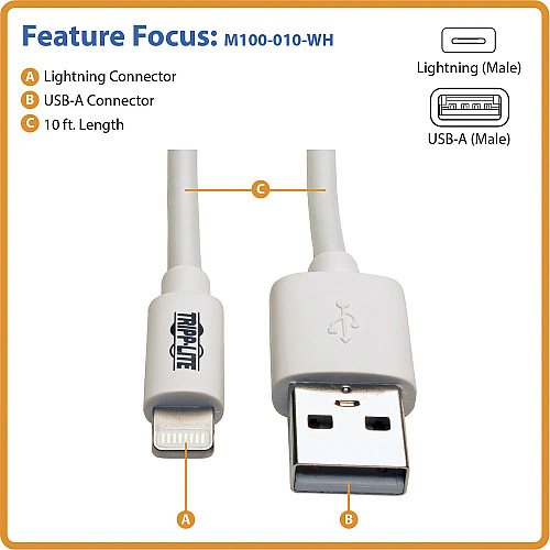 Tripp Lite 10ft Usb Lightning Charge Cable White 3m (M100010WH)