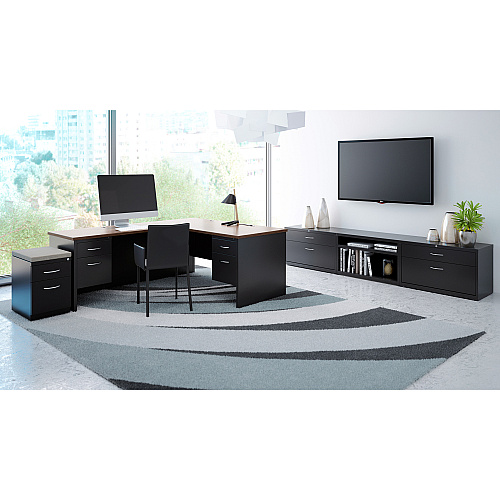 Lorell Walnut Laminate Commercial Steel Left-pedestal Credenza - 2-Drawer 72" x 24" , 1.1" Top - 2 x Box Drawer(s), File Drawer(s) - Single Pedestal on Left Side - Material: Steel - Finish: Walnut Laminate, Black (LLR79163)