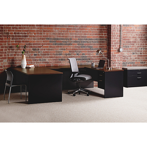 Lorell Walnut Laminate Commercial Steel Left-pedestal Credenza - 2-Drawer 72" x 24" , 1.1" Top - 2 x Box Drawer(s), File Drawer(s) - Single Pedestal on Left Side - Material: Steel - Finish: Walnut Laminate, Black (LLR79163)