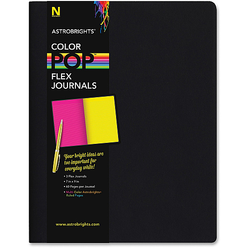 Astrobrights Flex Journals with Eclipse Black Cover 60 Pages - Printed - Ruled Pages - Stitched - 7" x 9" - Multicolor Paper - Eclipse Black Cover - Flexible, Durable Cover - 3 / Pack (99724)