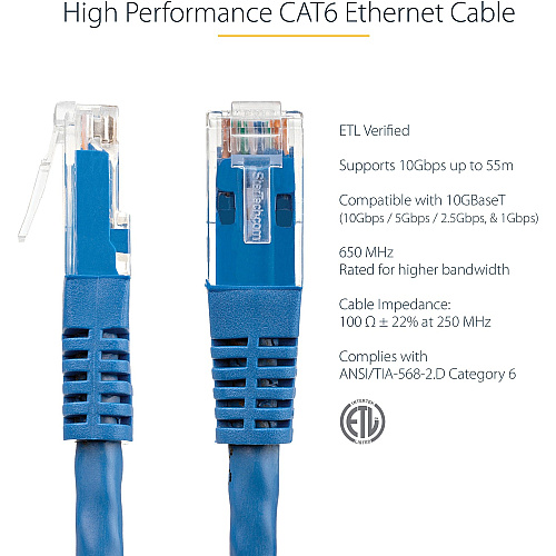 StarTech 7ft Cat6 Ethernet Cable Blue Cat 6 Poe (C6PATCH7BL)
