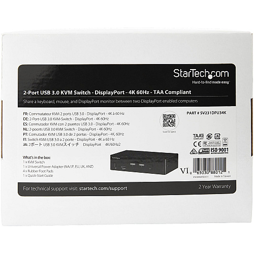 StarTech 2port Displayport Kvm Switch 4k 60hz Taa (SV231DPU34K)