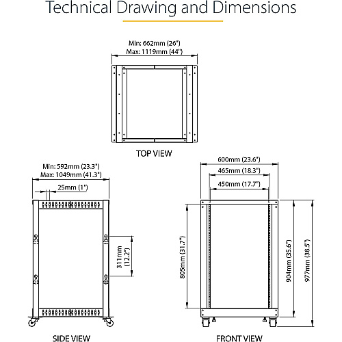 StarTech 18u 19in Open Frame Server Rack 22-40in (4POSTRACK18U)