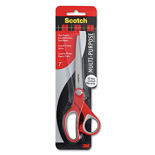 Scotch Multi-Purpose Scissors, 7" Long, 3.38" Cut Length, Straight Gray/Red Handle (1427)