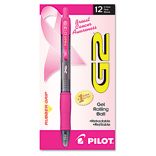 Pilot G2 Premium Breast Cancer Awareness Gel Pen, Retractable, Fine 0.7 mm, Black Ink, Smoke/Pink Barrel, Dozen (31332)