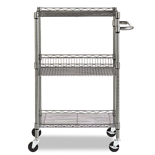Alera Three-Tier Wire Cart with Basket, Metal, 2 Shelves, 1 Bin, 500 lb Capacity, 28" x 16" x 39", Black Anthracite (ALESW342416BA)