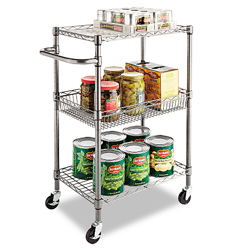 Alera Three-Tier Wire Cart with Basket, Metal, 2 Shelves, 1 Bin, 500 lb Capacity, 28" x 16" x 39", Black Anthracite (ALESW342416BA)