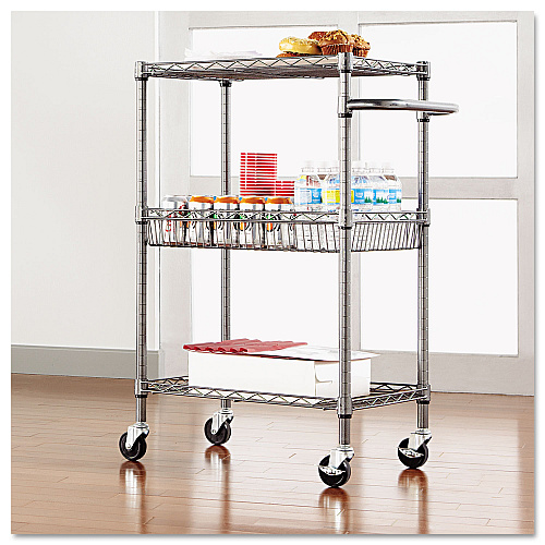 Alera Three-Tier Wire Cart with Basket, Metal, 2 Shelves, 1 Bin, 500 lb Capacity, 28" x 16" x 39", Black Anthracite (ALESW342416BA)