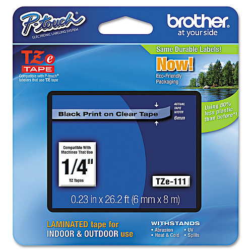 Brother TZe Standard Adhesive Laminated Labeling Tape, 0.23" x 26.2 ft, Black on Clear (TZE111)
