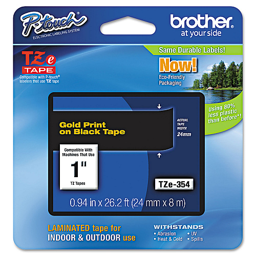 Brother TZe Standard Adhesive Laminated Labeling Tape, 0.94" x 26.2 ft, Gold on Black (TZE354)