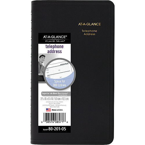 At-A-Glance Small Telephone Address Book Wire Bound - Black - Leather - 1 Each (8020105)