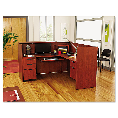 Alera Valencia Series Reception Desk with Transaction Counter, 71" x 35.5" x 29.5" to 42.5", Medium Cherry (ALEVA327236MC)