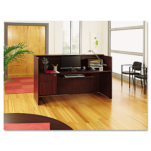 Alera Valencia Series Reception Desk with Transaction Counter, 71" x 35.5" x 29.5" to 42.5", Mahogany (ALEVA327236MY)