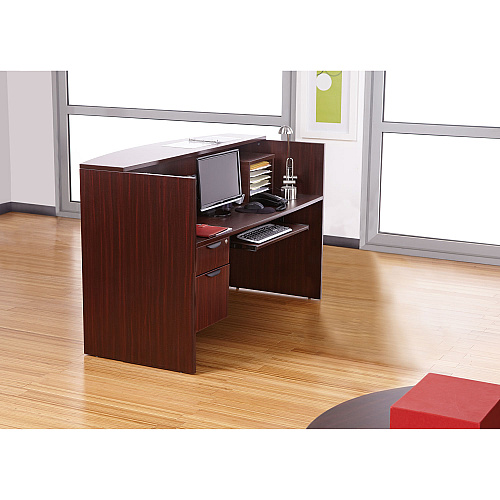 Alera Valencia Series Reception Desk with Transaction Counter, 71" x 35.5" x 29.5" to 42.5", Mahogany (ALEVA327236MY)