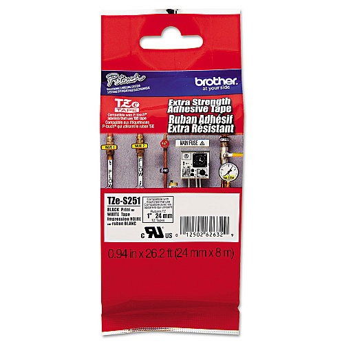 Brother TZe Extra-Strength Adhesive Laminated Labeling Tape, 0.94" x 26.2 ft, Black on White (TZES251)