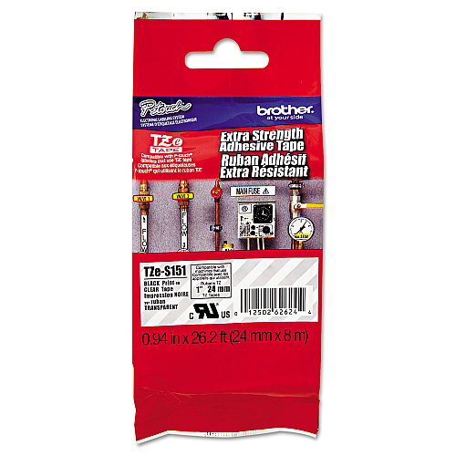 Brother TZe Extra-Strength Adhesive Laminated Labeling Tape, 0.94" x 26.2 ft, Black on Clear (TZES151)