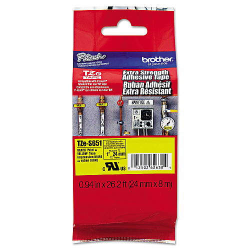 Brother TZe Extra-Strength Adhesive Laminated Labeling Tape, 0.94" x 26.2 ft, Black on Yellow (TZES651)