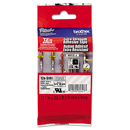 Brother TZe Extra-Strength Adhesive Laminated Labeling Tape, 0.7" x 26.2 ft, Black on Clear (TZES141)