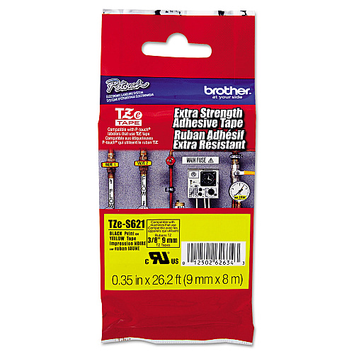 Brother TZe Extra-Strength Adhesive Laminated Labeling Tape, 0.35" x 26.2 ft, Black on Yellow (TZES621)