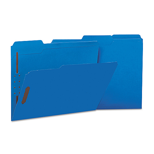 Universal Deluxe Reinforced Top Tab Fastener Folders, 0.75" Expansion, 2 Fasteners, Letter Size, Blue Exterior, 50/Box (UNV13521)