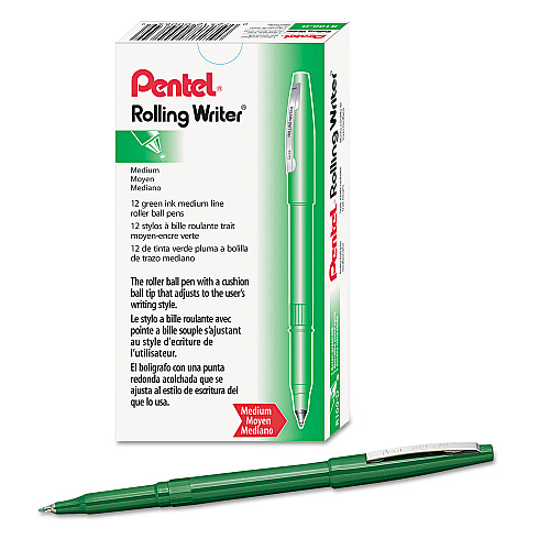 Pentel Rolling Writer Roller Ball Pen, Stick, Medium 0.8 mm, Green Ink, Green Barrel, Dozen (R100D)