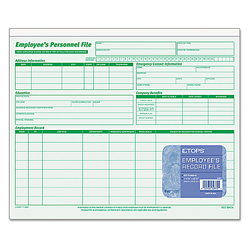 TOPS Employee's Record File Folder, Straight Tabs, Letter Size, Index Stock, Green, 20/Pack (3287)