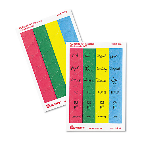 Avery Printable Self-Adhesive Removable Color-Coding Labels, 0.75" dia, Assorted Colors, 24/Sheet, 42 Sheets/Pack, (5472) (05472)