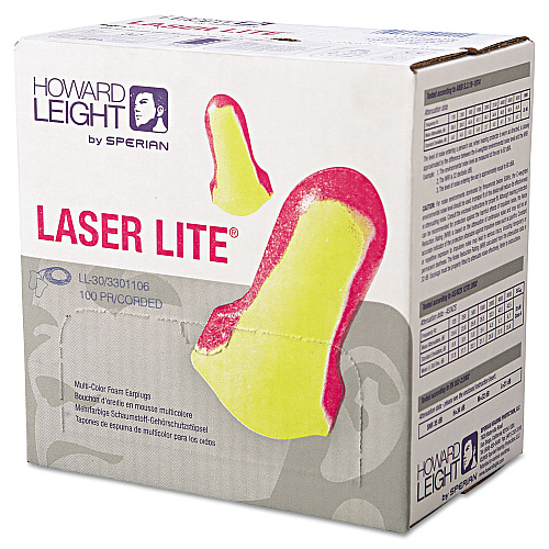 Howard Leight LL-30 Laser Lite Single-Use Earplugs, Corded, 32NRR, Magenta/Yellow, 100 Pairs