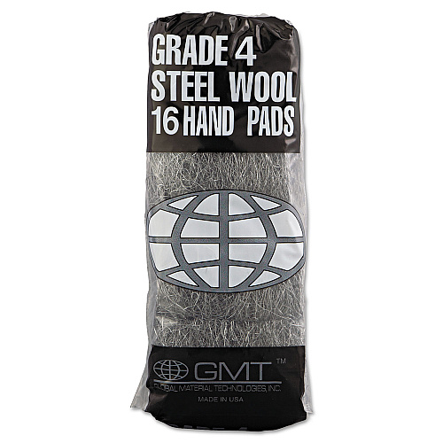 GMT Industrial-Quality Steel Wool Hand Pads, #4 Extra Coarse, Steel Gray, 16 Pads/Sleeve, 12 Sleeves/Carton (117007)