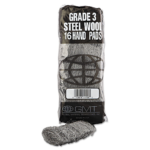 GMT Industrial-Quality Steel Wool Hand Pads, #3 Medium, Steel Gray, 16 Pads/Sleeve, 12 Sleeves/Carton (117006)