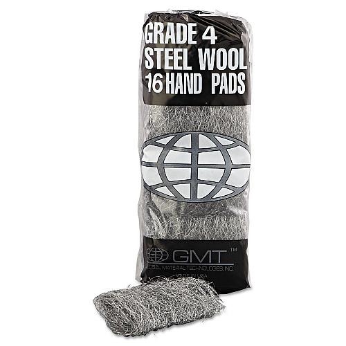 GMT Industrial-Quality Steel Wool Hand Pads, #4 Extra Coarse, Steel Gray, 16 Pads/Sleeve, 12 Sleeves/Carton (117007)